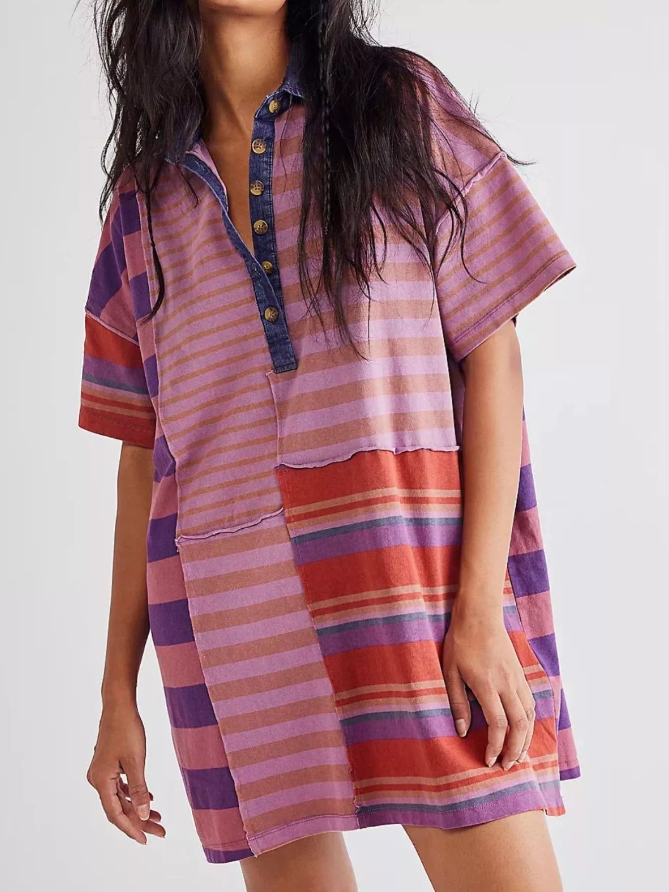 Striped Oversized Half Button Shirt Dress Pink And Purple Stripes OutfitFlow