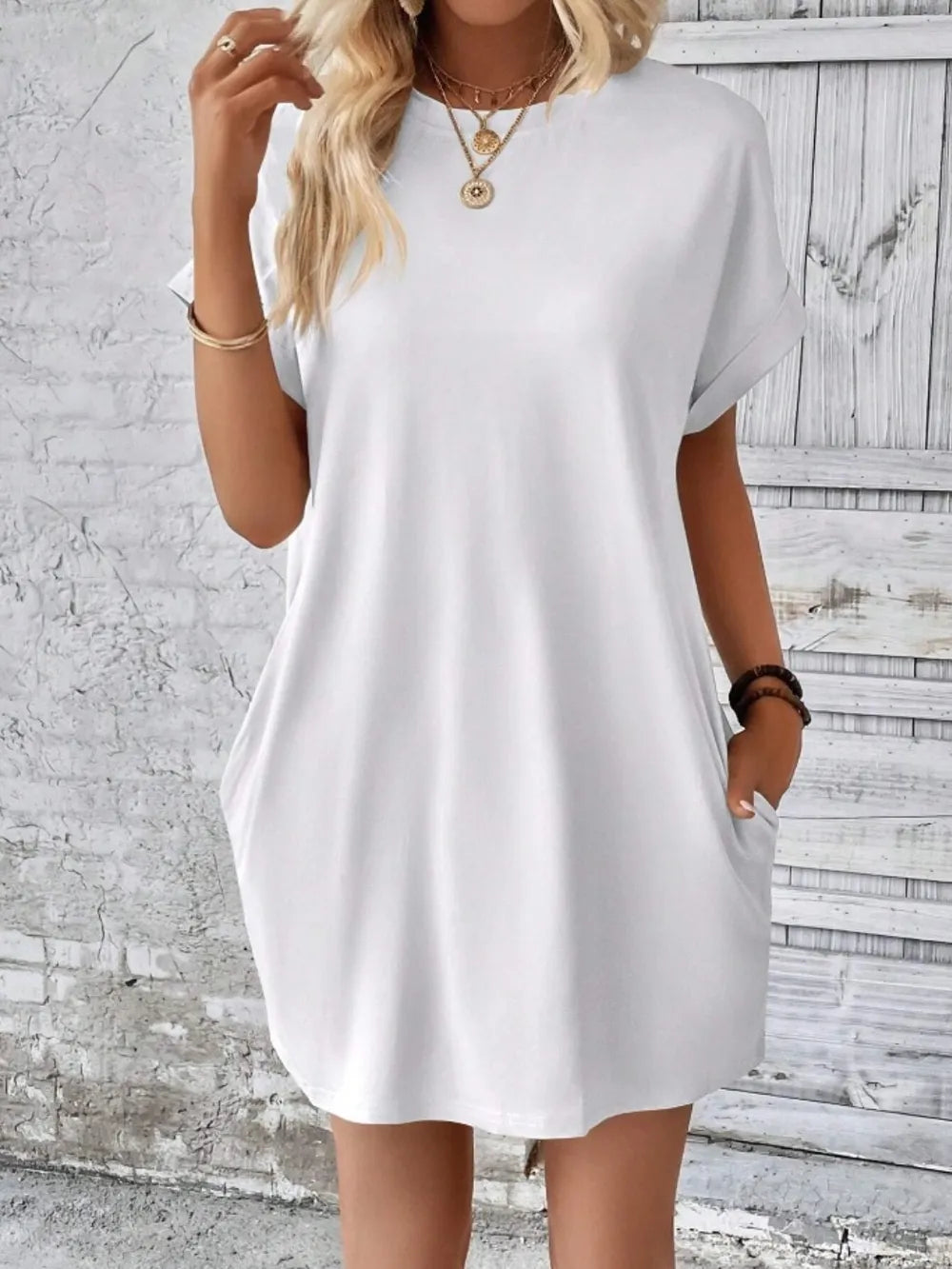 Pocketed Round Neck Short Sleeve Dress White OutfitFlow