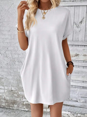 Pocketed Round Neck Short Sleeve Dress White OutfitFlow