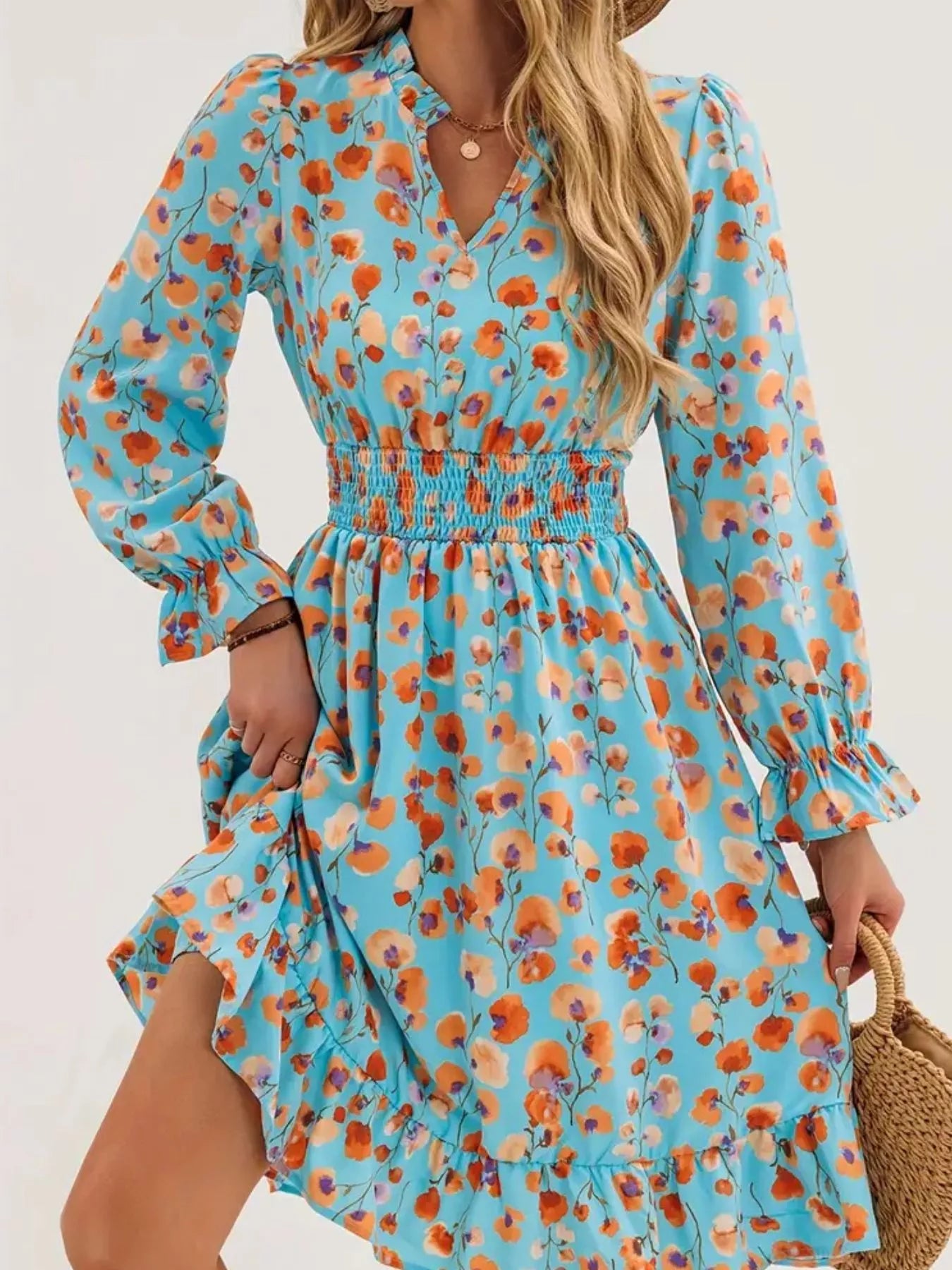Floral Notched Flounce Sleeve Dress OutfitFlow