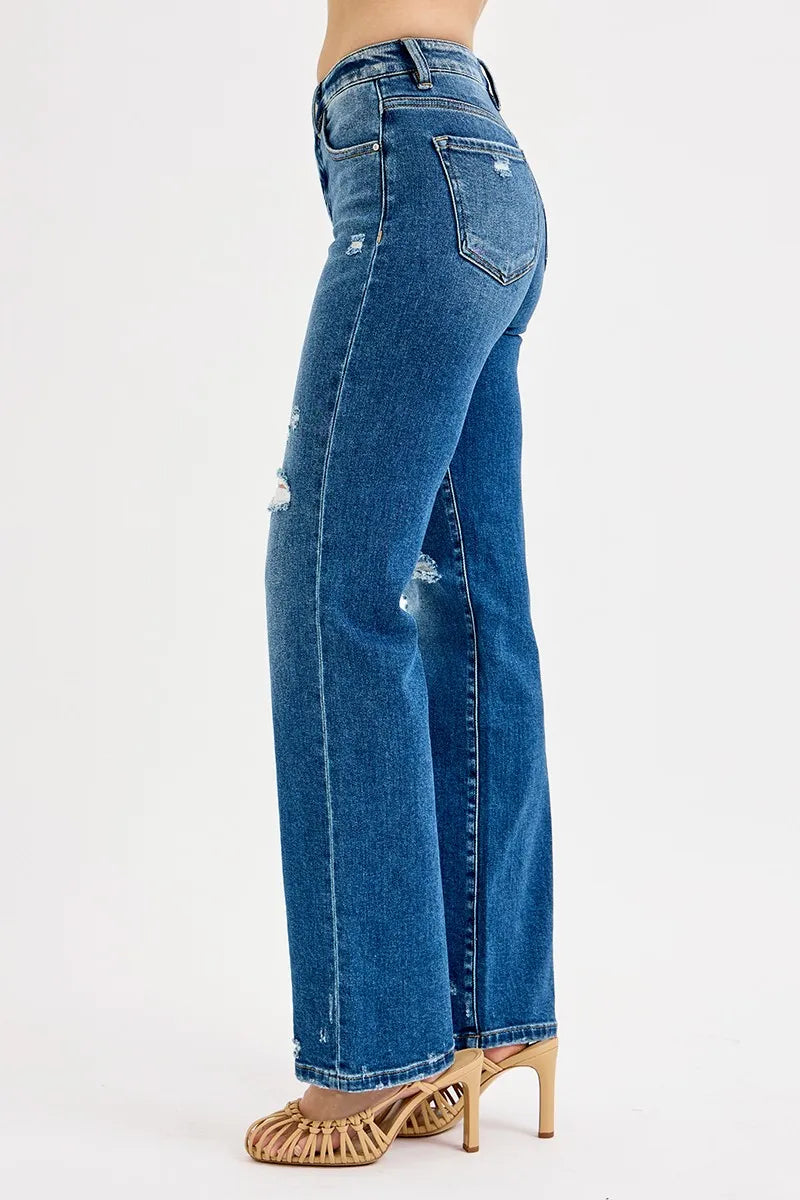 RISEN Full Size Tummy Control High Rise Straight Distressed Jeans Plus Size OutfitFlow