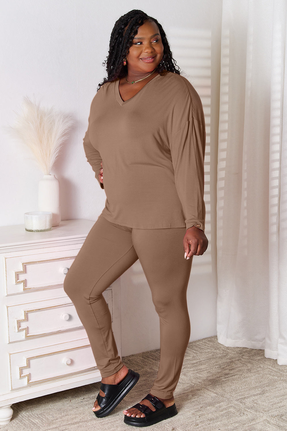 Basic Bae Full Size V-Neck Soft Rayon Long Sleeve Top and Pants Lounge Set OutfitFlow