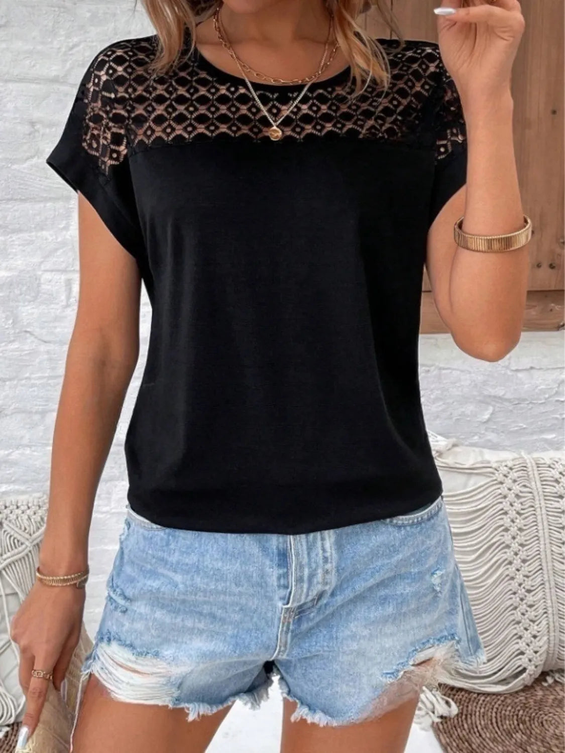 Lace Round Neck Short Sleeve T-Shirt OutfitFlow