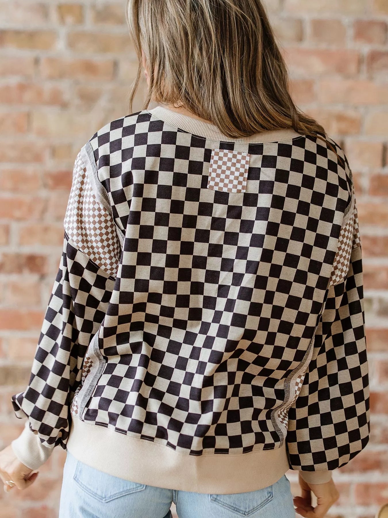 Mixed Checkered Pattern Patchwork High Low Casual Top OutfitFlow