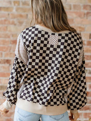 Mixed Checkered Pattern Patchwork High Low Casual Top OutfitFlow