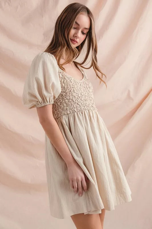 SO ME Textured Woven Daily Dress with Puff Sleeves Trendsi