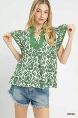 Umgee Abstract Print Short Sleeve Blouse GREEN OutfitFlow