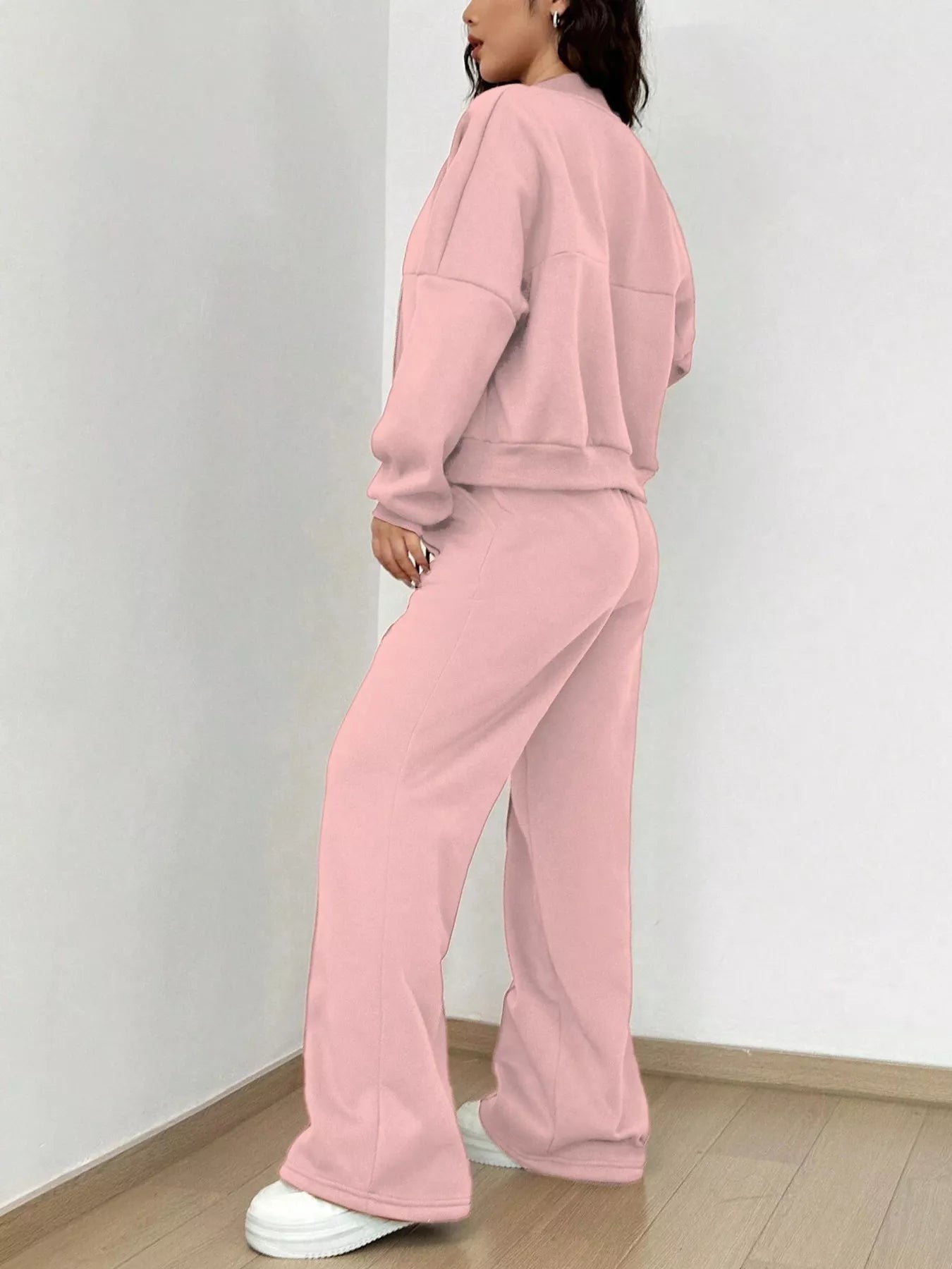 Casual Solid Color Zipper Jacket and Wide Leg Pants Set OutfitFlow