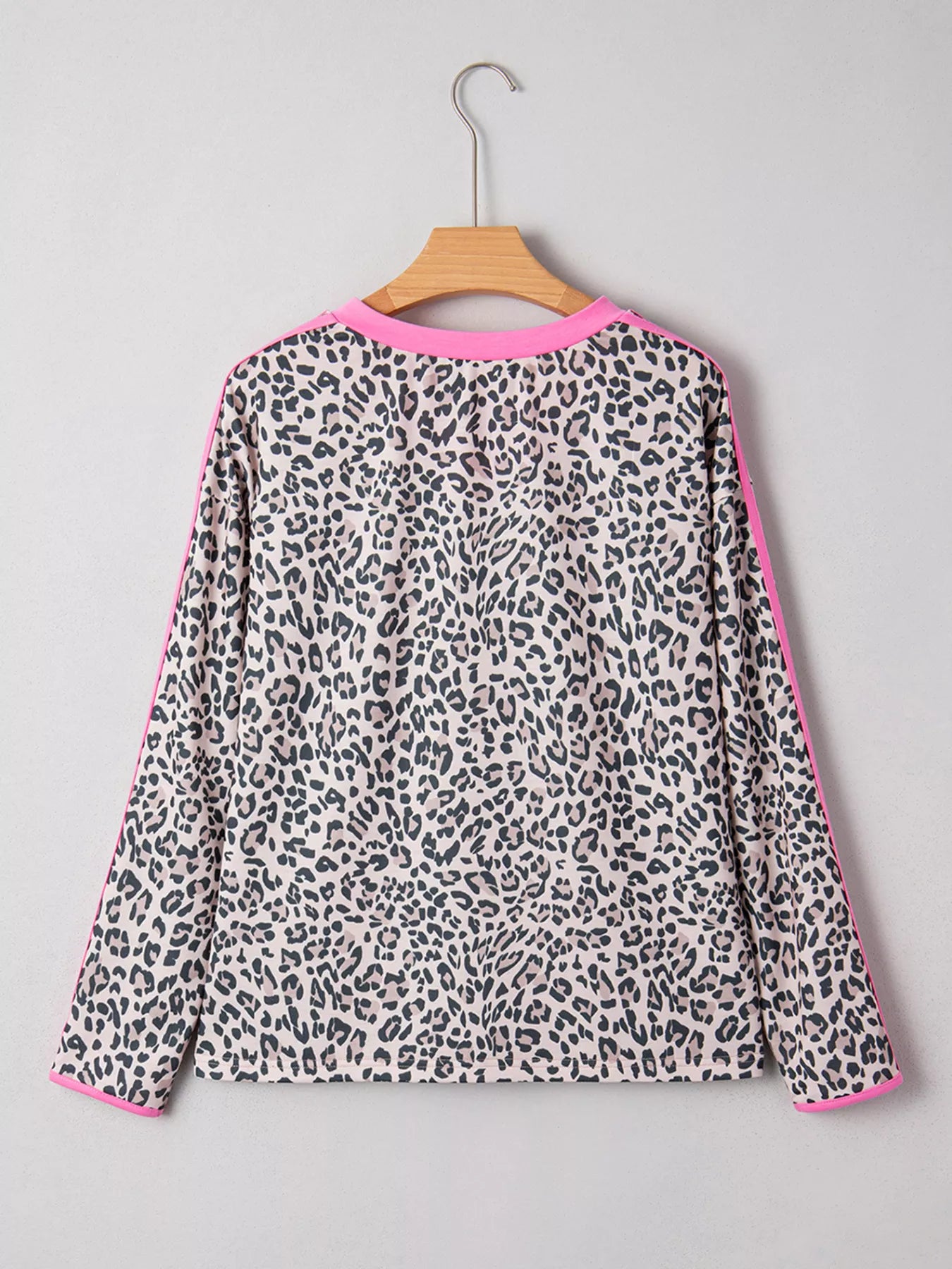 Leopard Print Contrast V Neck Varsity Stripe Detail Long Sleeve Top OutfitFlow