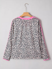 Leopard Print Contrast V Neck Varsity Stripe Detail Long Sleeve Top OutfitFlow