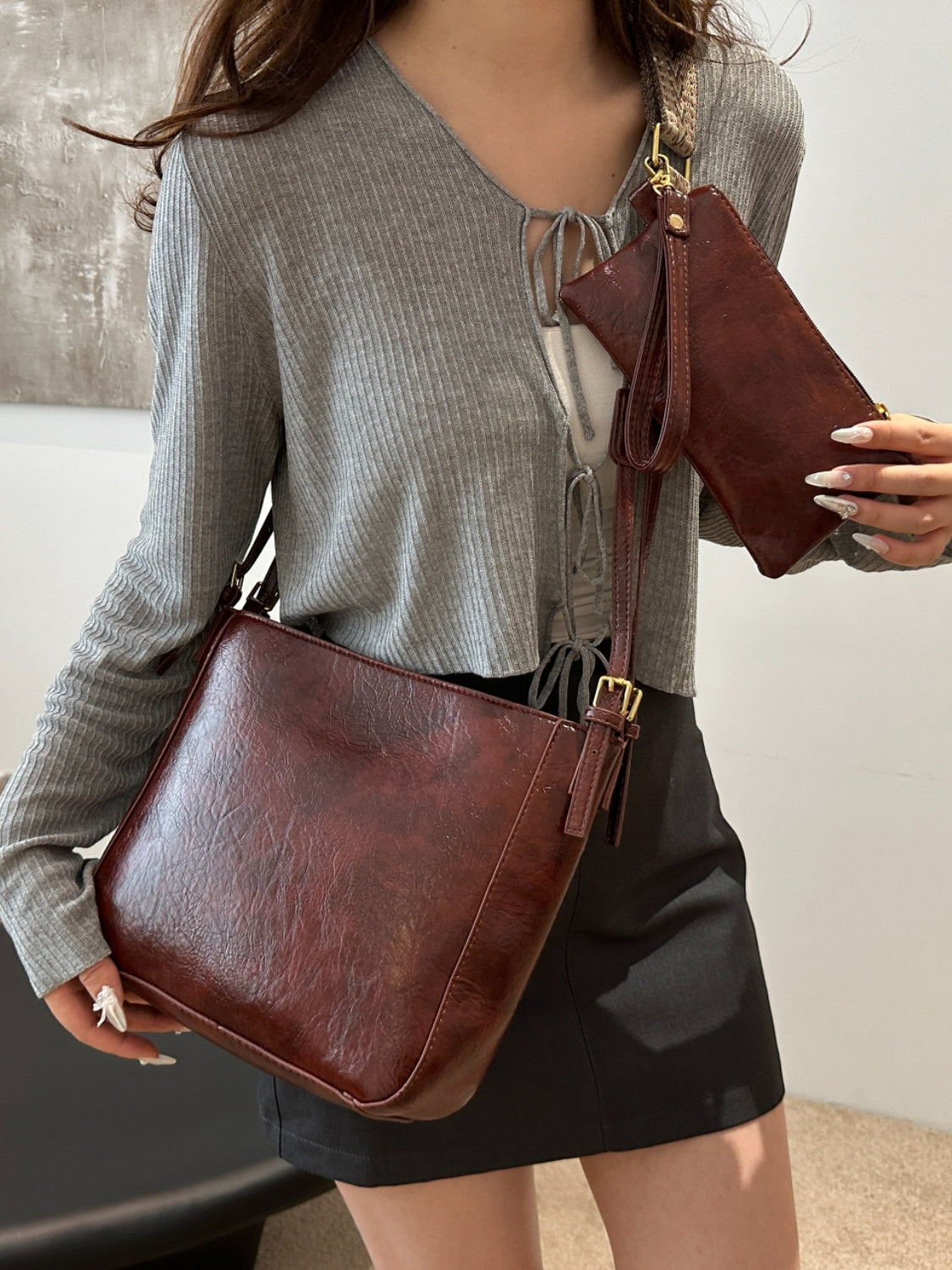 Outfit Flow - PU Leather Adjustable Strap Crossbody Bag with Pouch