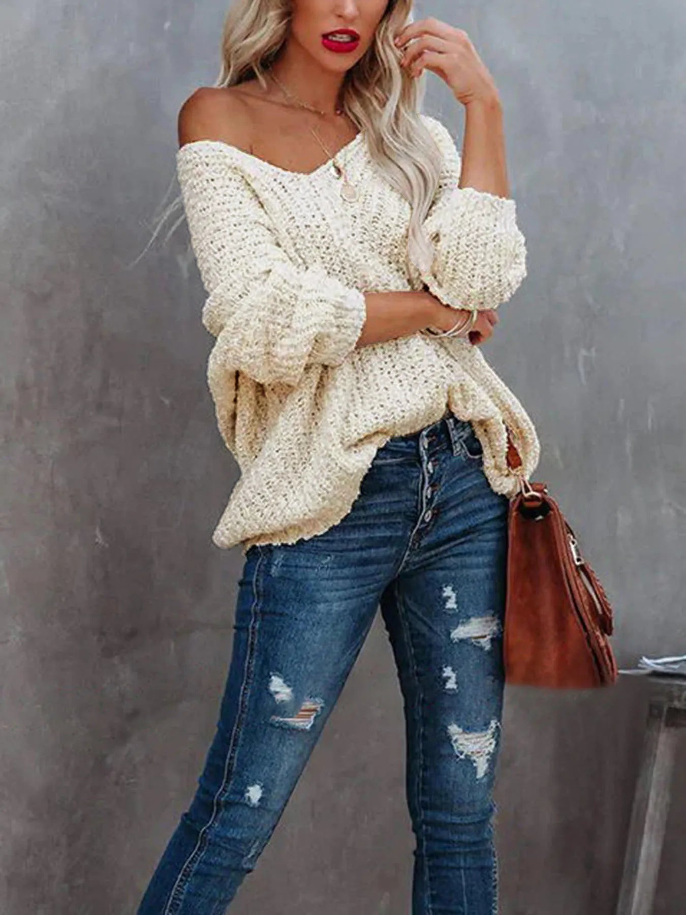 V-Neck Long Sleeve Sweater OutfitFlow