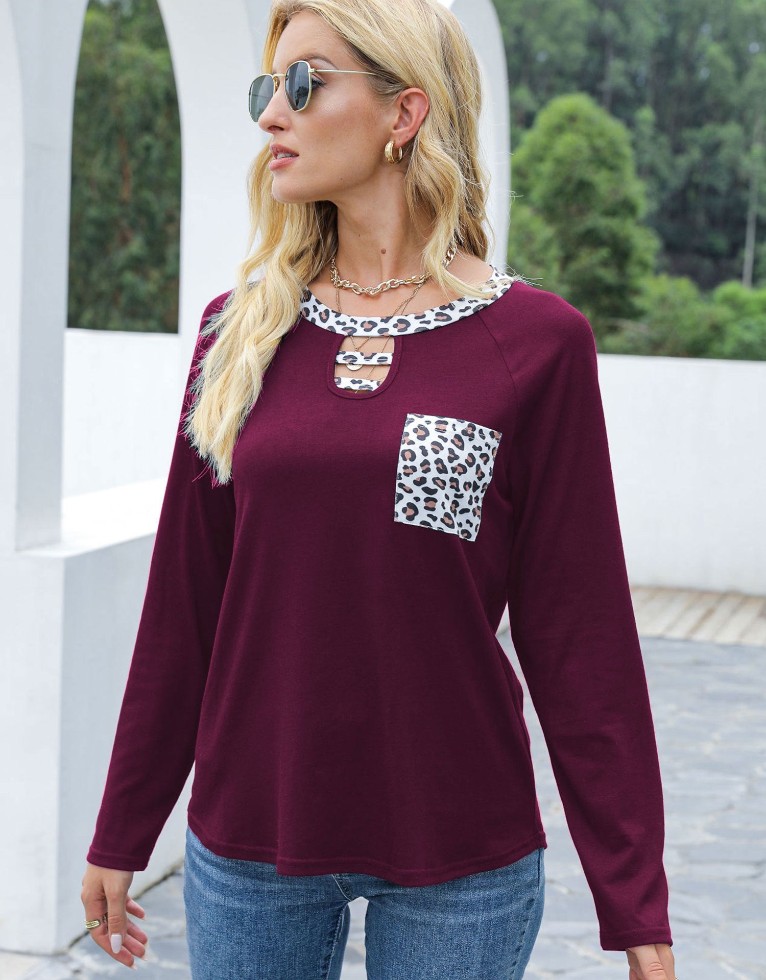 Outfit Flow - Cutout Leopard Round Neck Long Sleeve T-Shirt