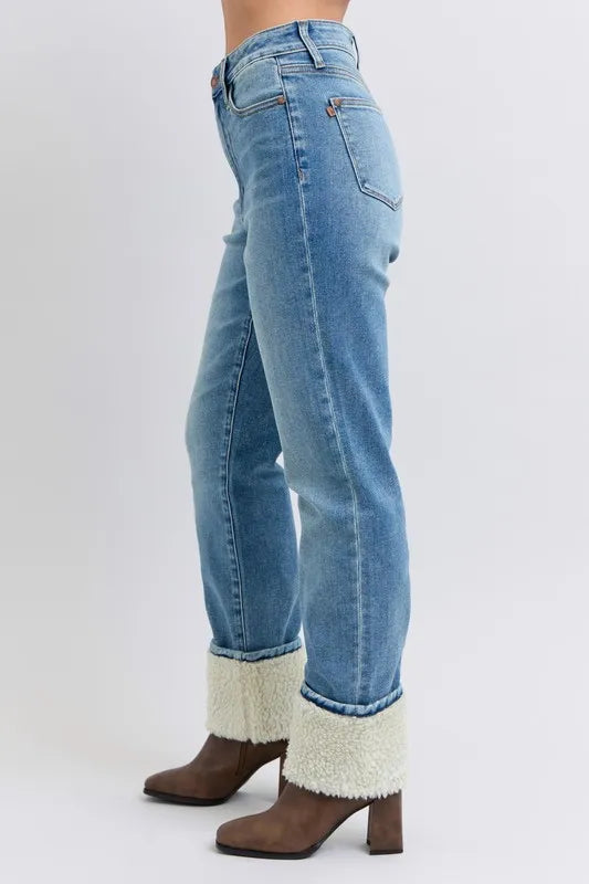 Judy Blue Full Size High Waist Shearling Cuff Straight Plus Size OutfitFlow