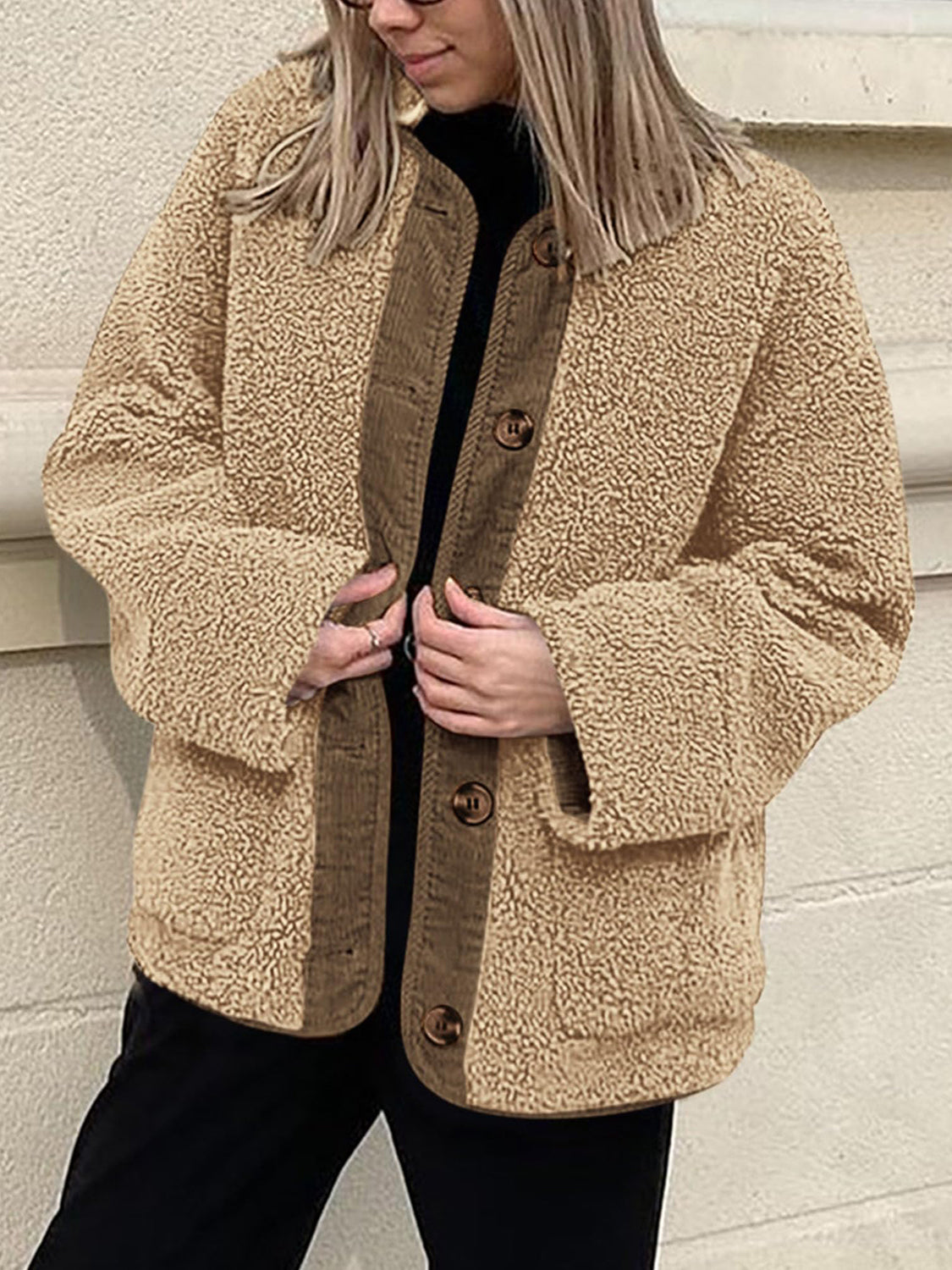 Outfit Flow - Contrast Button Up Sherpa Jacket with Pockets