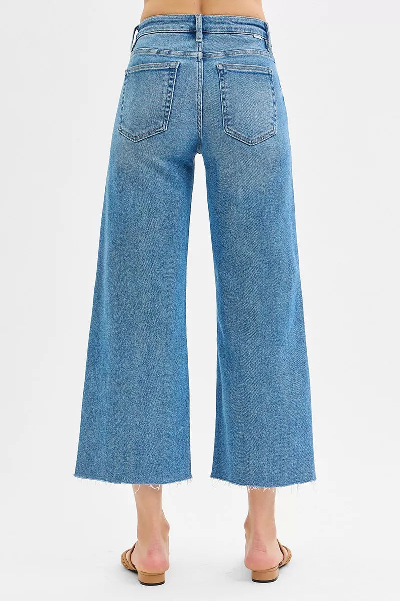 RISEN Tummy Control Mid Rise Crop Wide Front Slit Jeans OutfitFlow