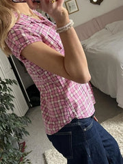 Plaid Cap Sleeve Button-Up Shirt OutfitFlow