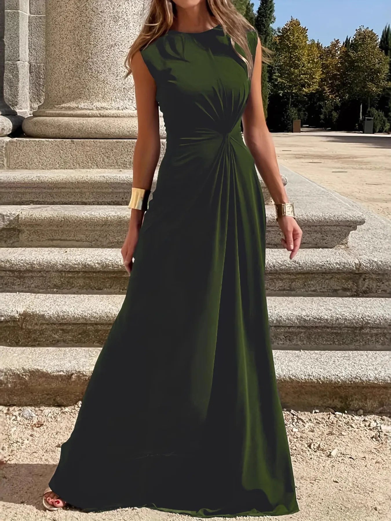 Round Neck Sleeveless Maxi Dress Army Green OutfitFlow