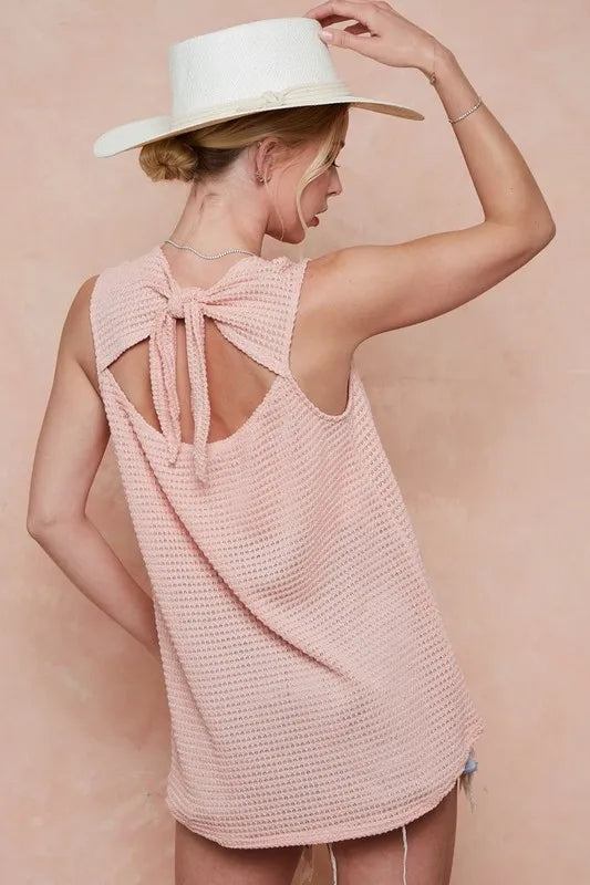 BiBi Popcorn Waffle Open Back Top with Tied Ribbon OutfitFlow