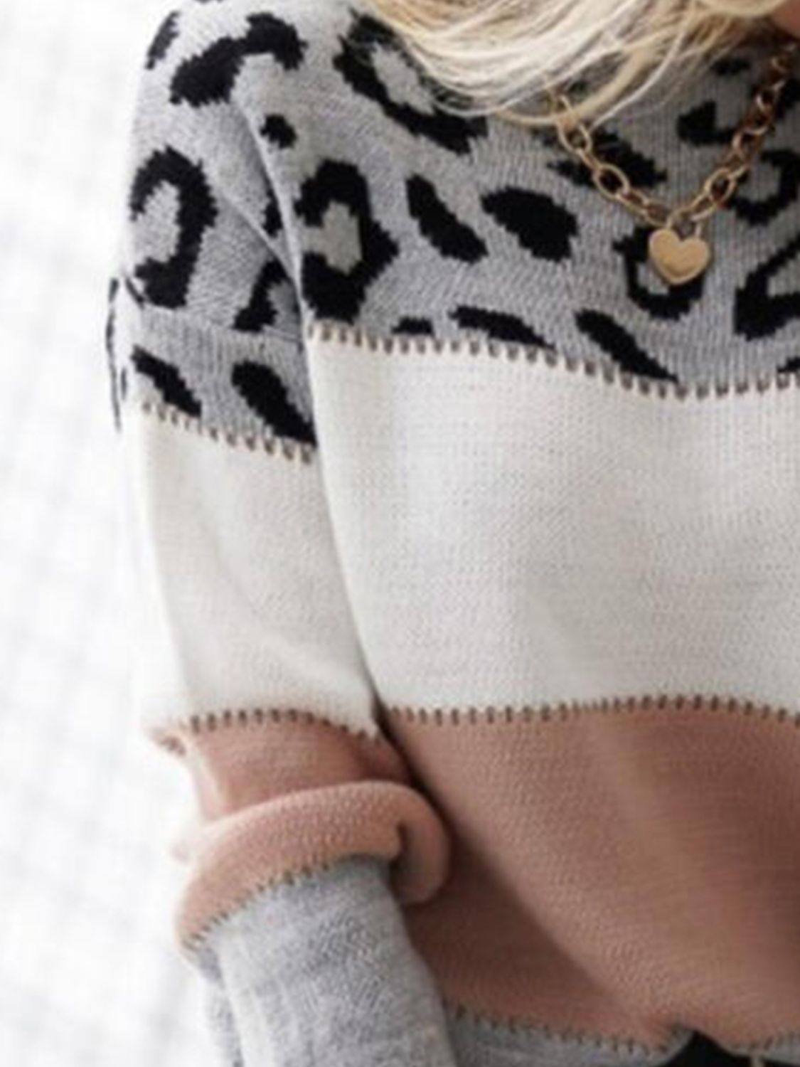 Outfit Flow - Leopard Color Block Round Neck Long Sleeve Sweater