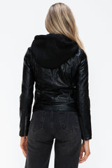 Outfit Flow - Snobbish Faux Leather Zip Up Drawstring Hooded Jacket