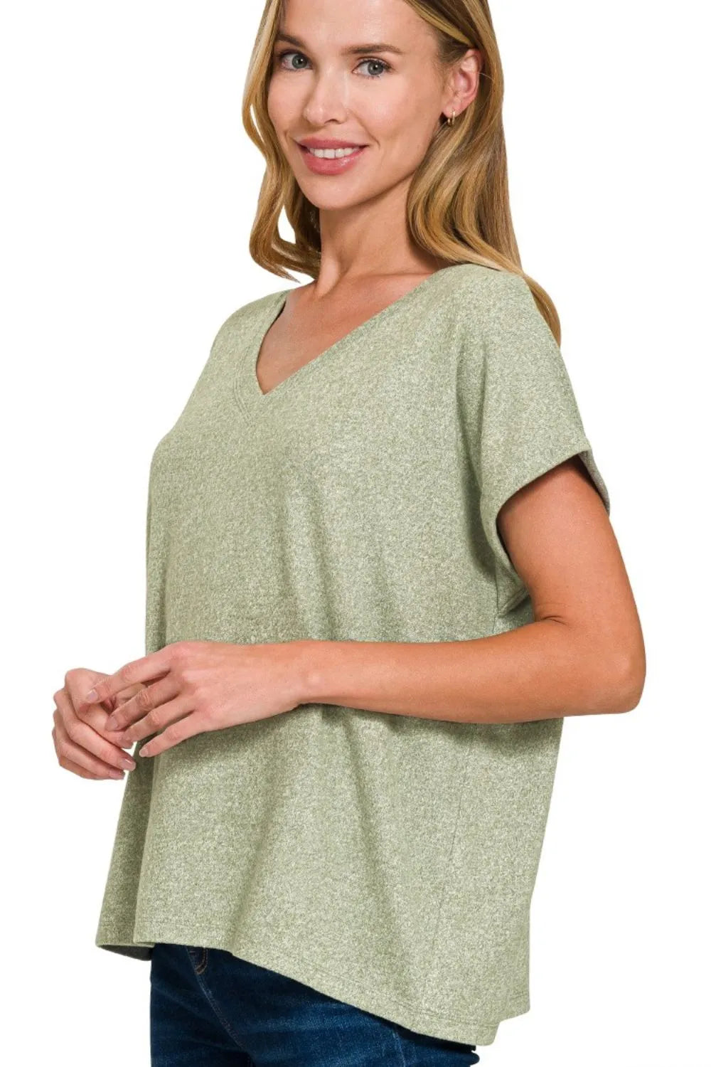 Zenana Soft Melange Hacci V-neck Tee OutfitFlow