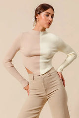 SO ME Color Block Fitted Crop Sweater Top OutfitFlow