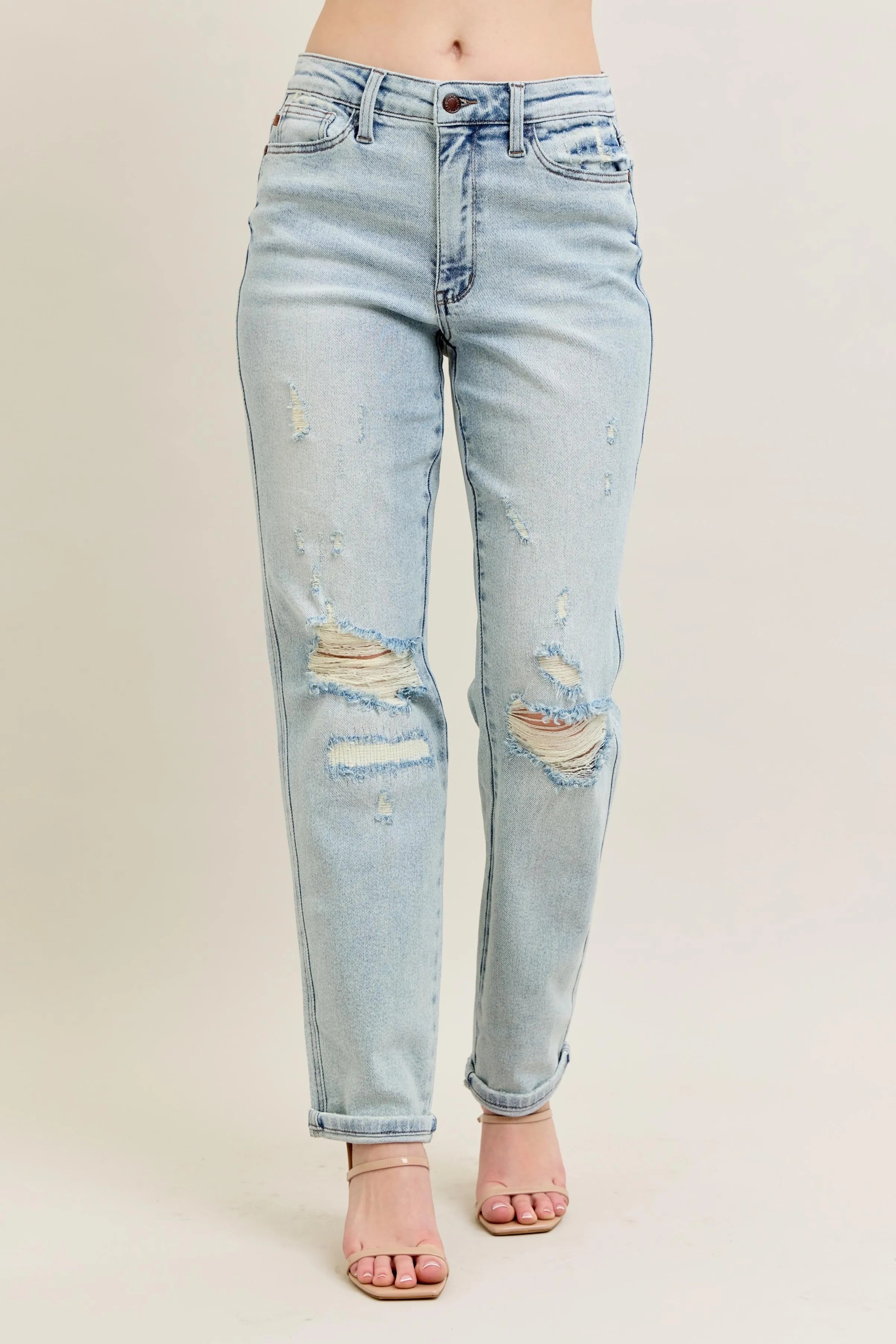 Judy Blue Full Size Mr Repair Stitch Detail Destroy Single Cuff Bf Jeans Plus Size OutfitFlow