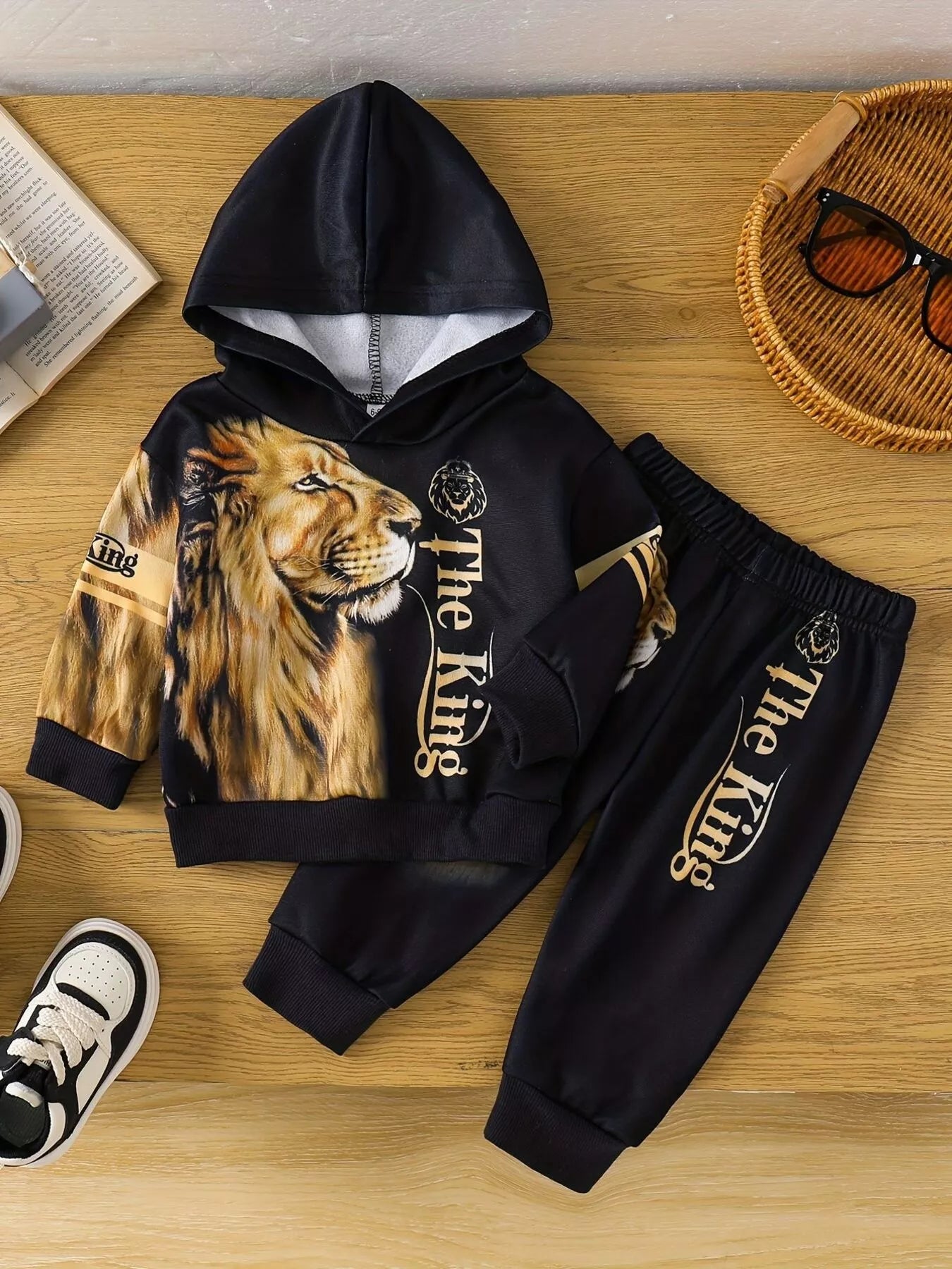 Children's Lion King Print Hoodie and Pants Set Black Trendsi