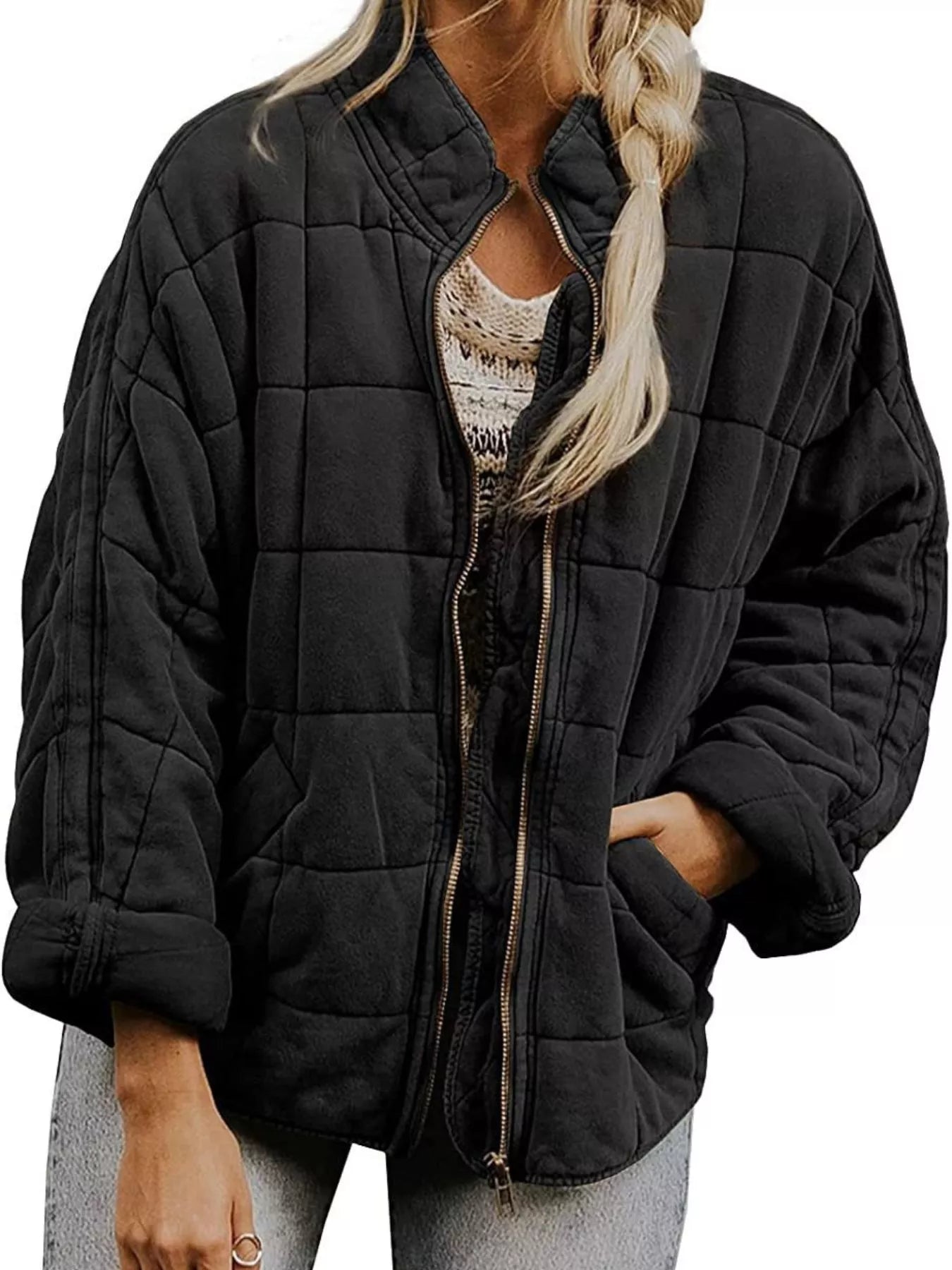 Full Size Zip Up Quilted Bomber Jacket Plus Size Black Trendsi