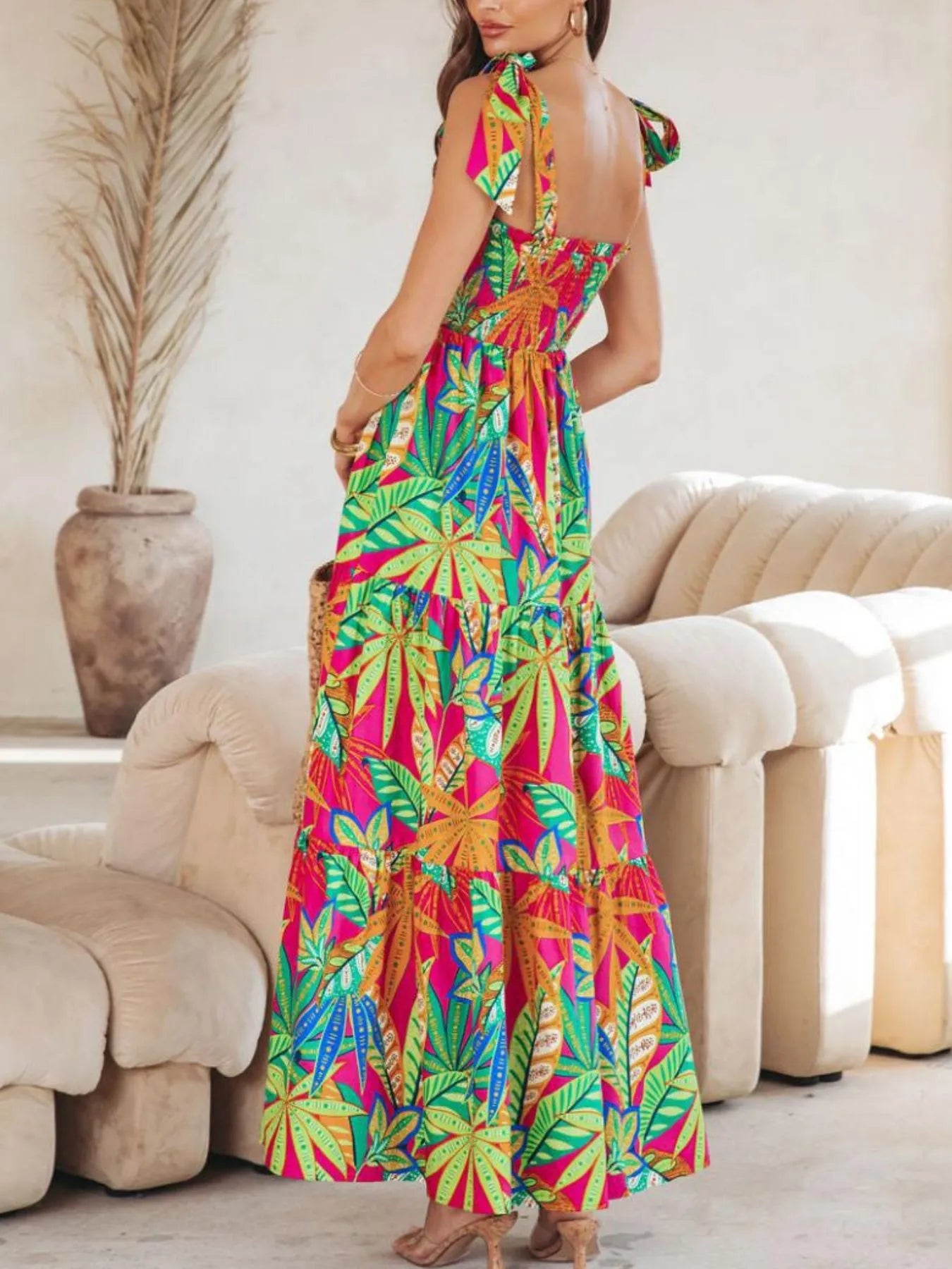 Tropical Print Tie Shoulder Maxi Dress OutfitFlow