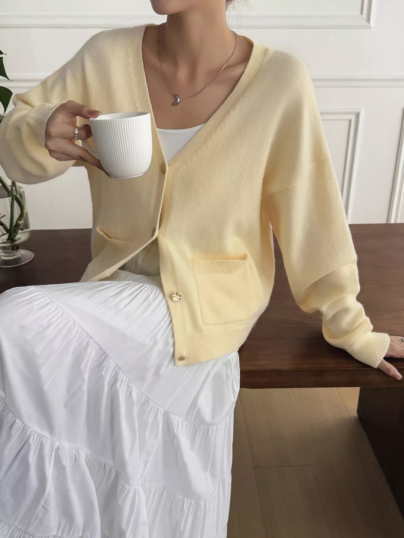 V-Neck Button-Down Cardigan Yellow OutfitFlow