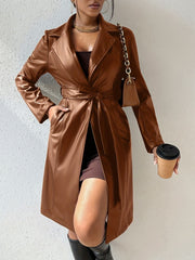 Outfit Flow - Tied PU Leather Long Sleeve Trench Coat