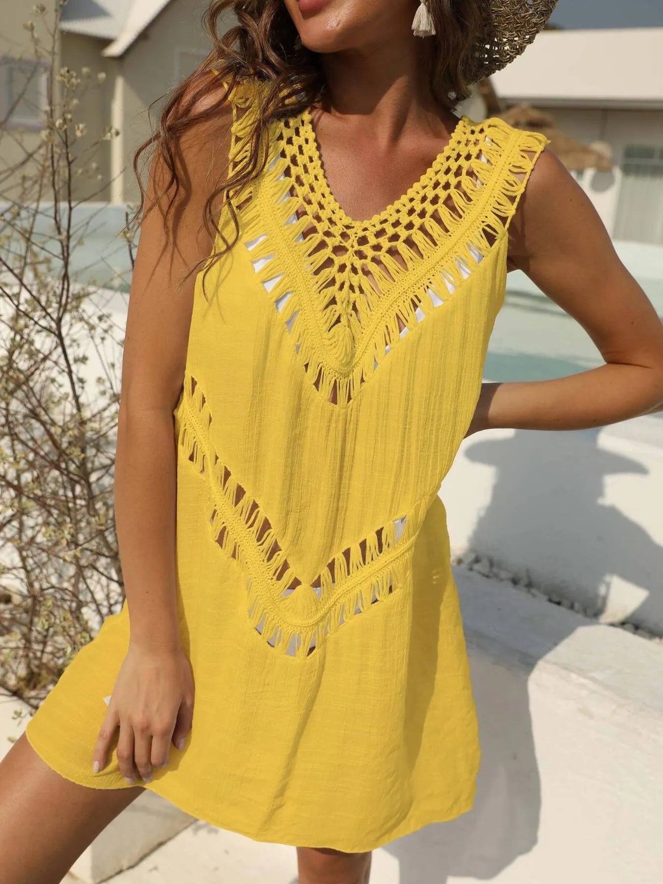 Crochet Detail Beach Cover Up Dress Yellow One Size OutfitFlow