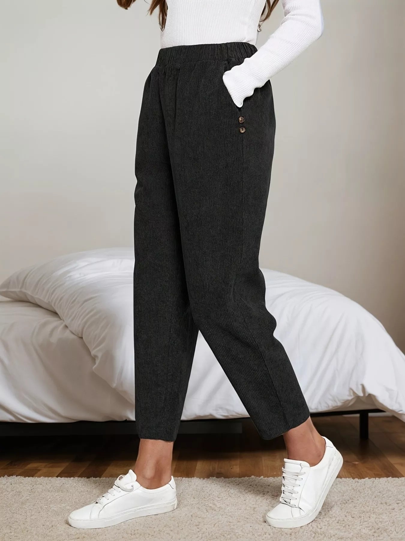 Corduroy Elastic Waist Cropped Pants Trendsi