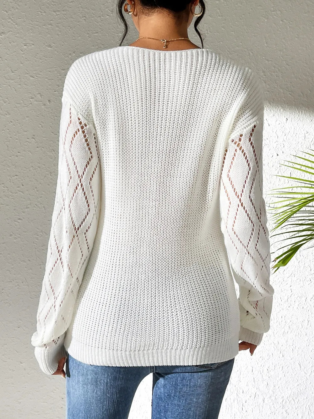 Openwork V-Neck Long Sleeve Sweater Trendsi