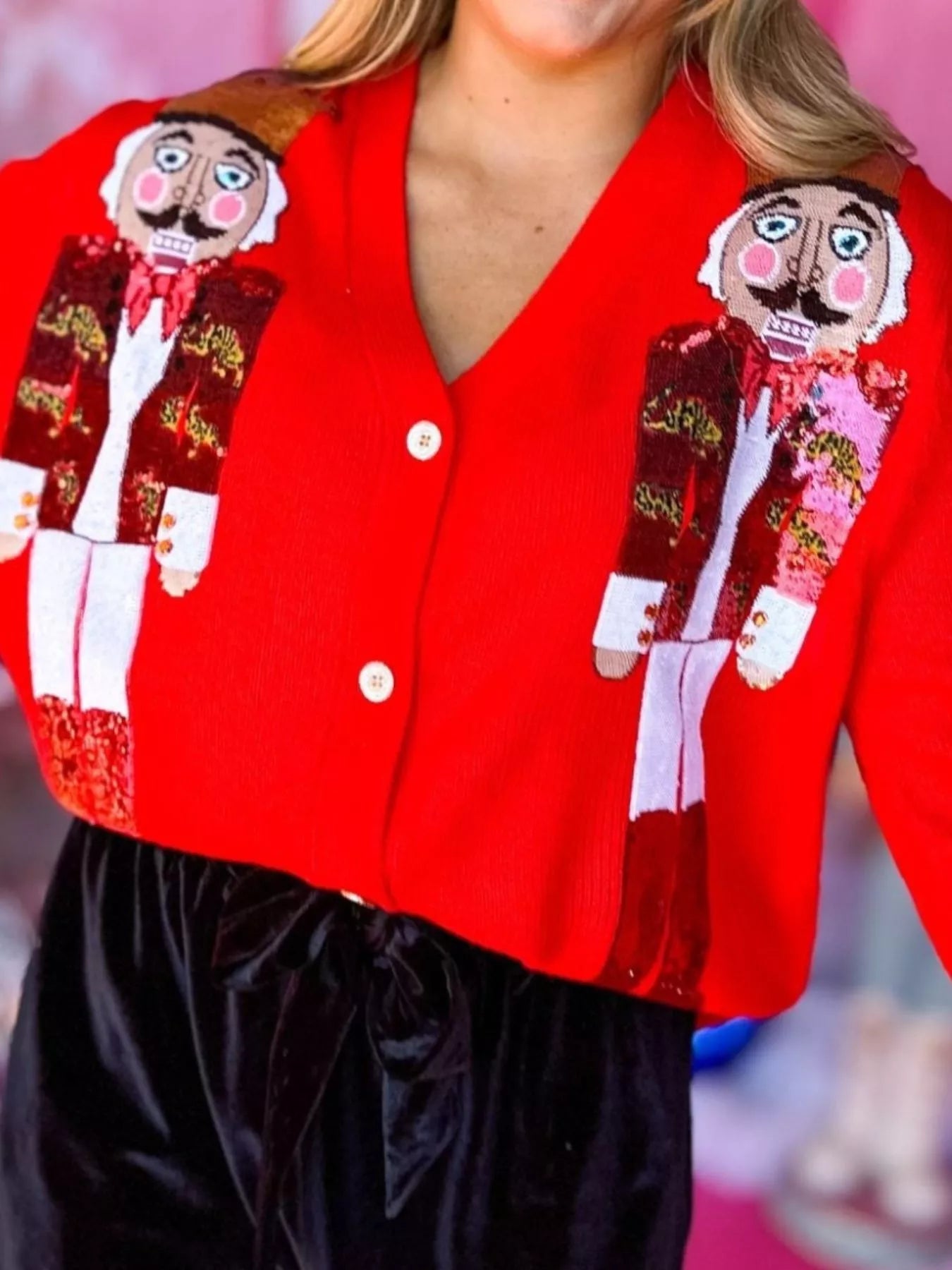 Nutcracker Ribbed Hem V-Neck Cardigan Trendsi