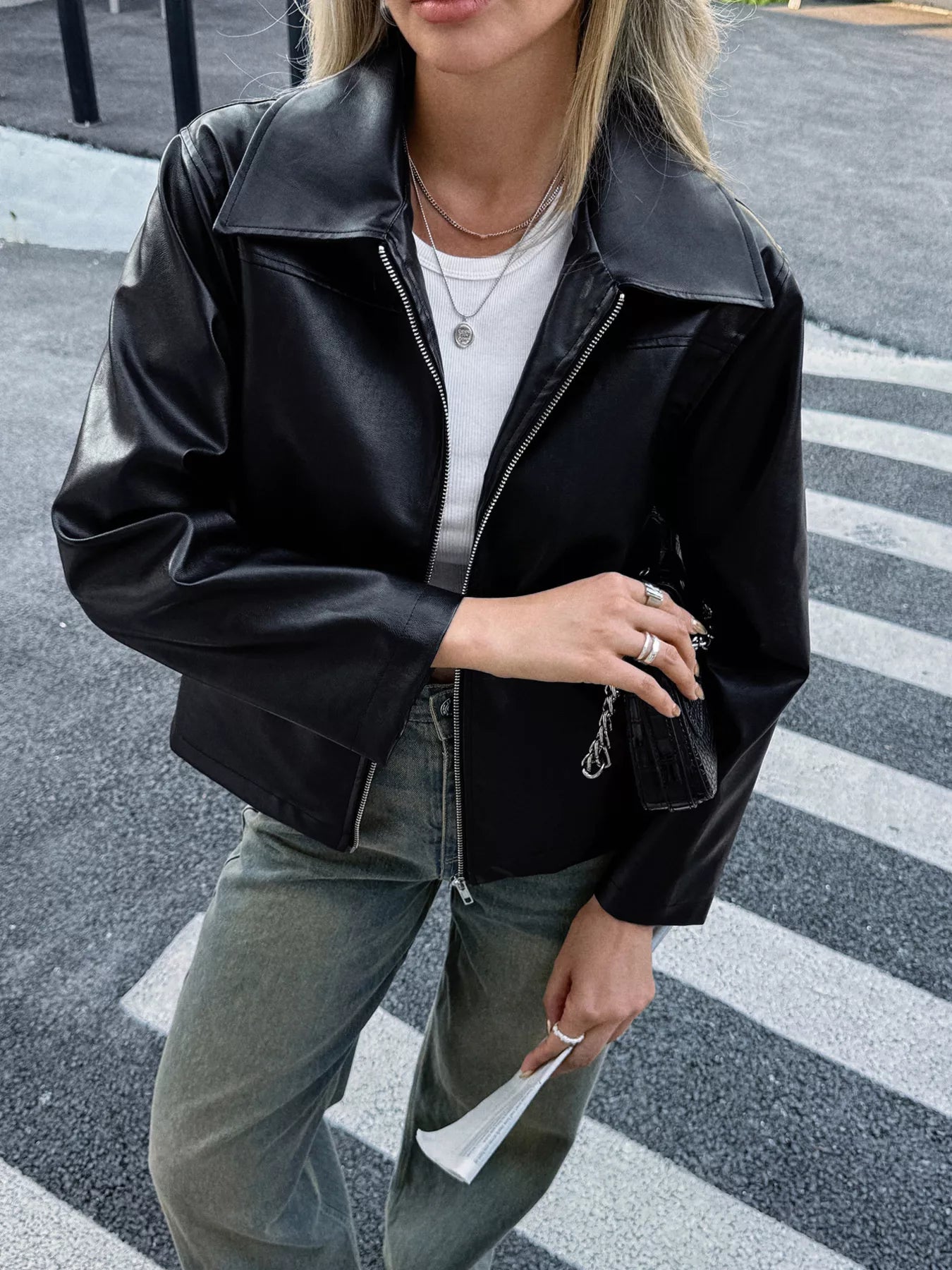 Zip Up Leather Jacket Trendsi