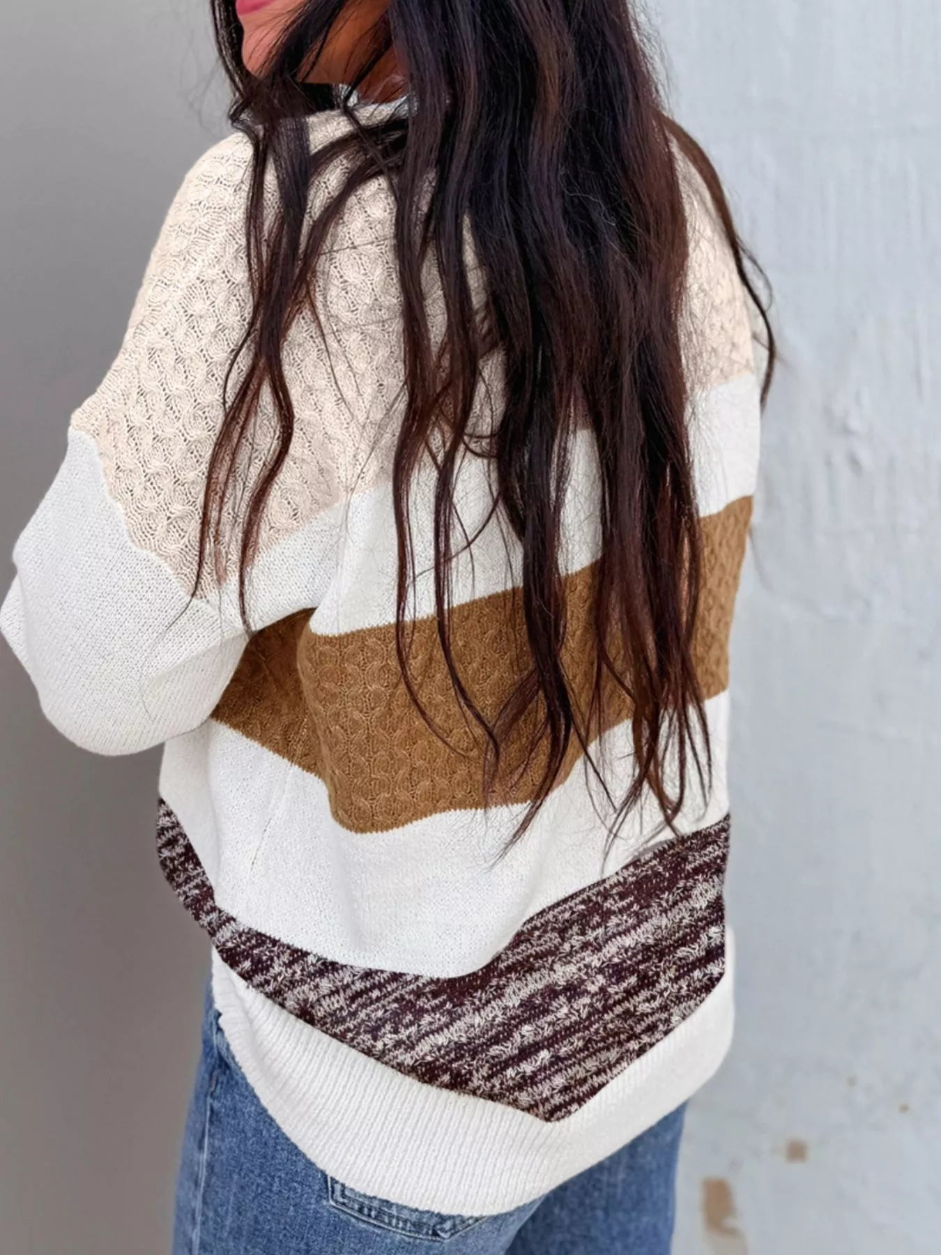 Mixed Texture Knit Striped Color Block Loose Sweater OutfitFlow