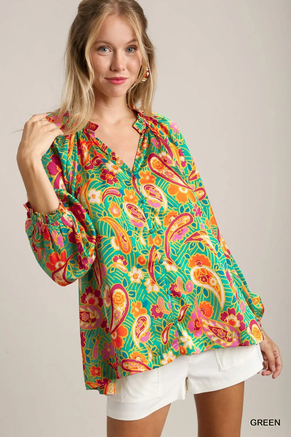 Umgee Satin Paisley Ruffle Neck Button-Up Shirt Green Trendsi