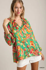 Umgee Satin Paisley Ruffle Neck Button-Up Shirt Green Trendsi
