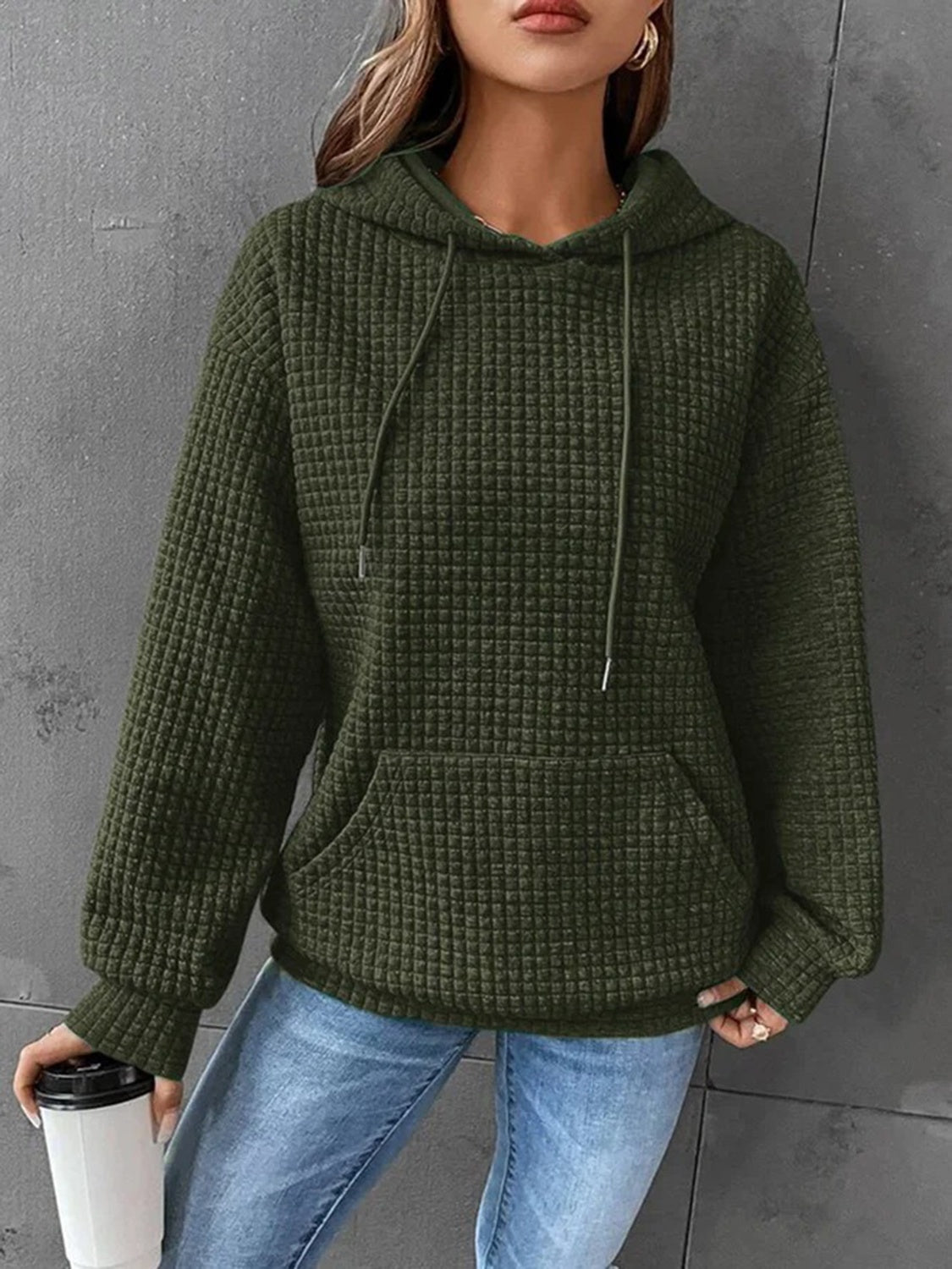 Outfit Flow - Textured Drawstring Drop Shoulder Hoodie