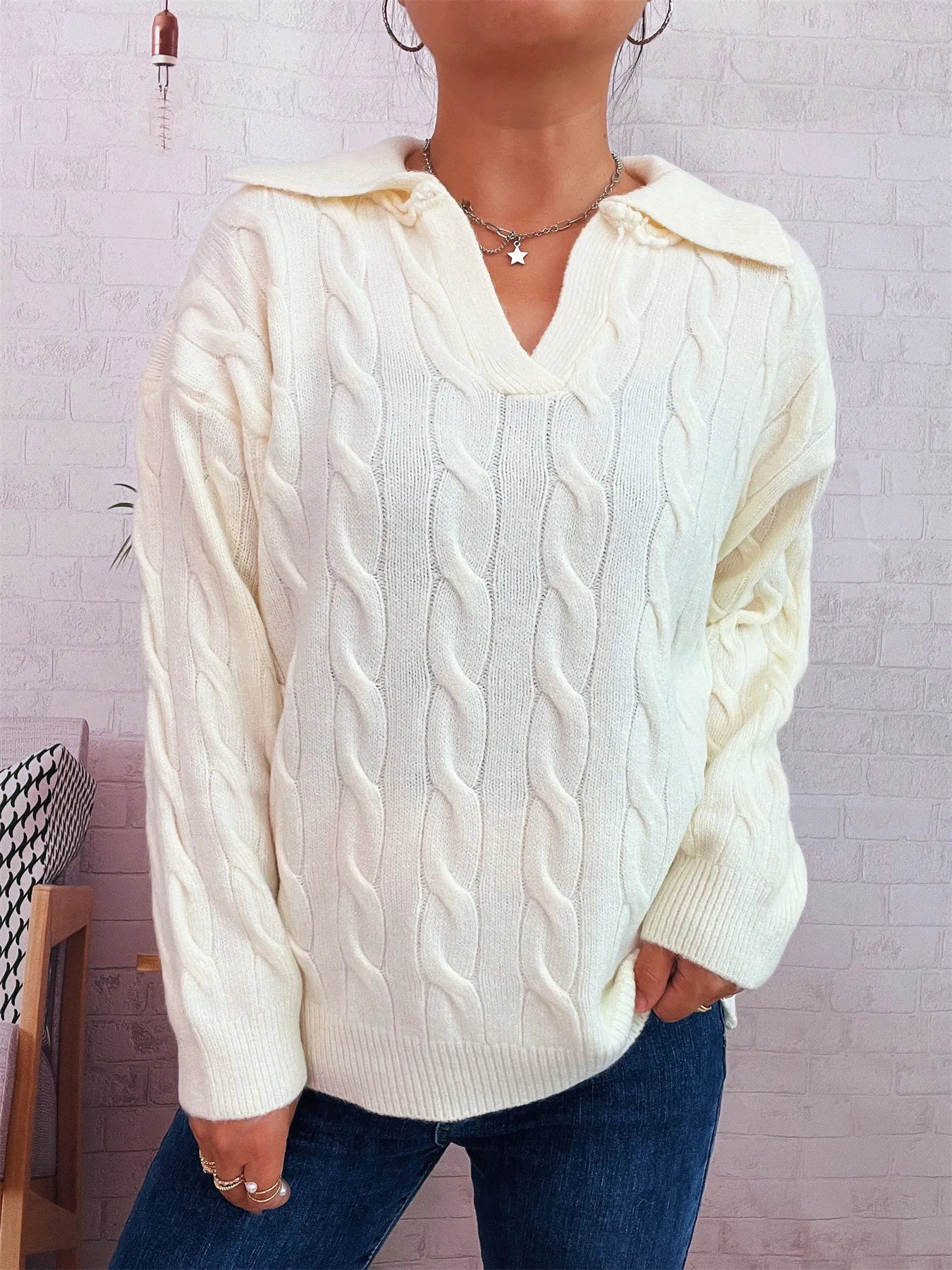 Cable Knit Johnny Collar Sweater White One Size Trendsi