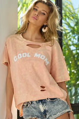 BiBi Washed Laser Cut Detail Cool Mom Print Top OutfitFlow