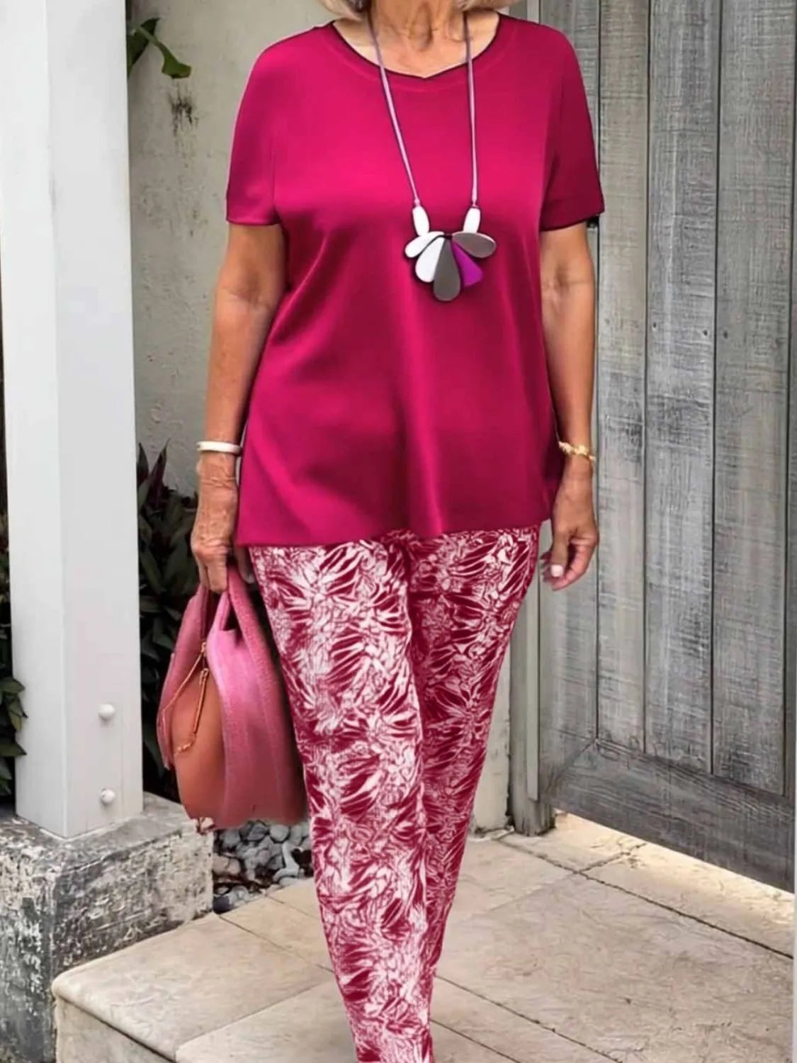 Full Size Round Neck Short Sleeve Top and Pants Set Plus Size Cerise OutfitFlow