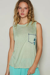 POL Floral Detail Pocket Patch Tank Top Gum Leaf OutfitFlow