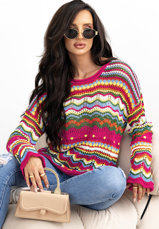 Outfit Flow - Openwork Contrast Round Neck Flare Sleeve Knit Top