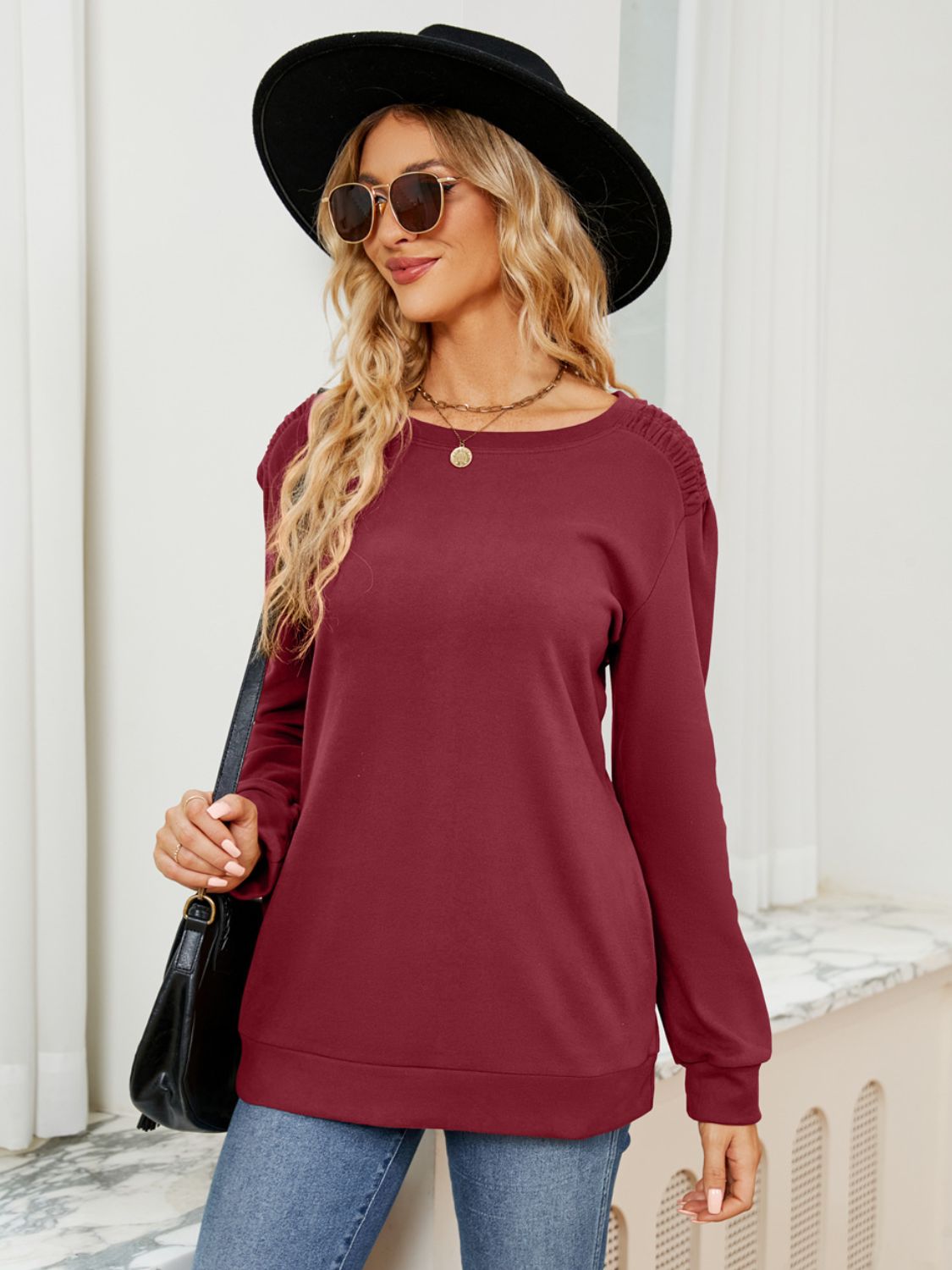 Outfit Flow - Ruched Shoulder Round Neck Long Sleeve Sweatshirt