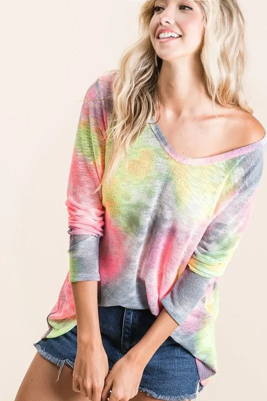 BiBi Tie Dye Print Low Gauge Knit Top OutfitFlow