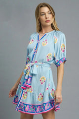 Umgee Floral Print Tie Waist Short Sleeve Dress OutfitFlow